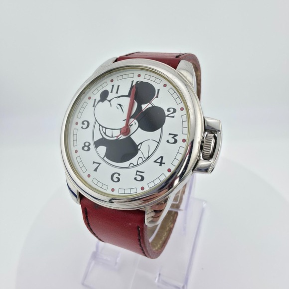 Disney Other - DISNEY 'American Cheese' Watch Mickey Mouse Red Leather‎ Silver Tone 44mm 8.5"